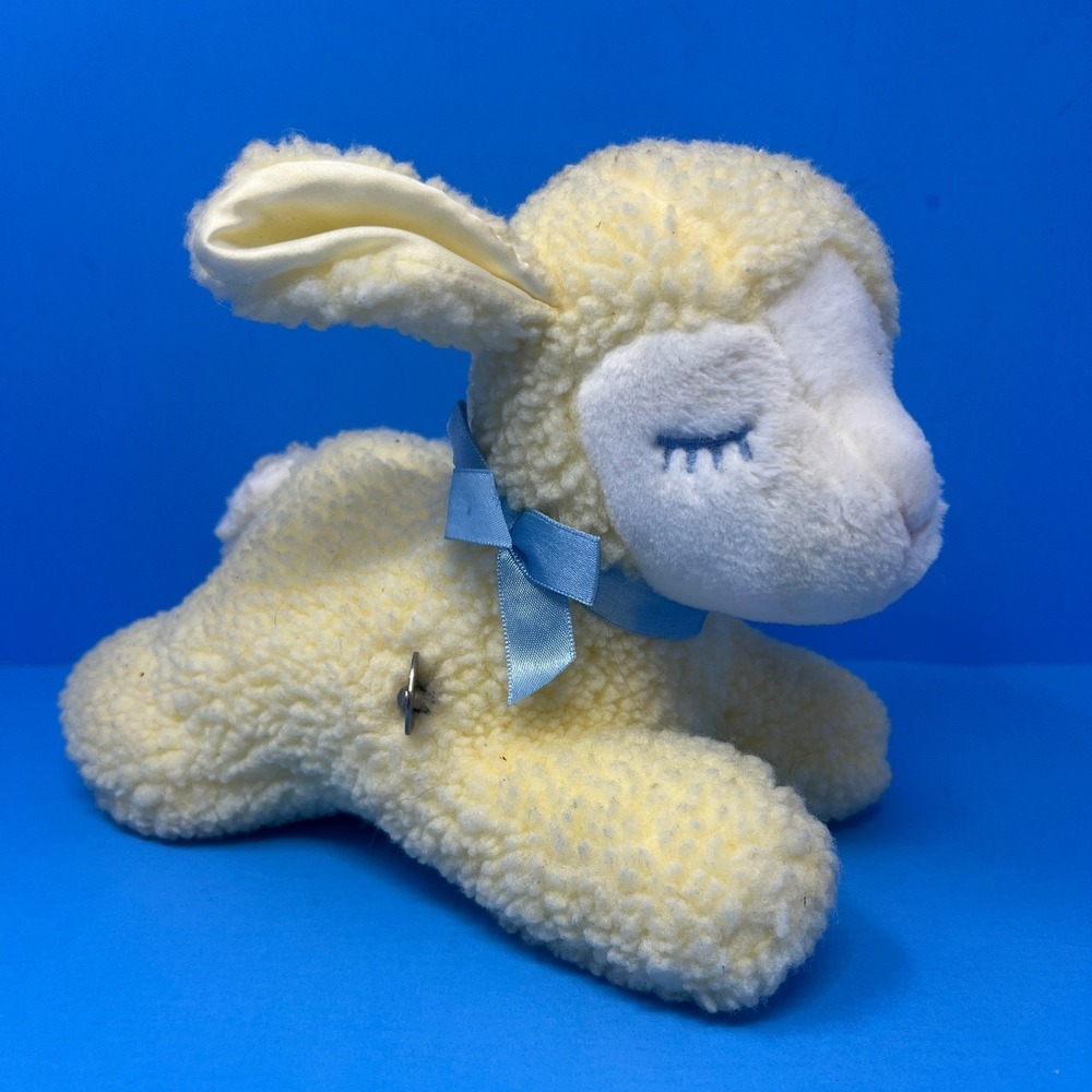 Eden Musical Lamb Plush Small Yellow Vintage Wind‎ Up Head Moves Blue Bow